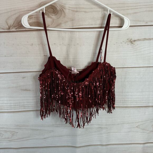 Luxxel Burgundy Fringe Lining Crop Top Size Small - Picture 1 of 7